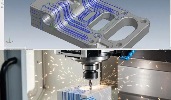 مسیر ابزار ماشینکاری یک قطعه که در SolidWorks CAM تعریف شده است.