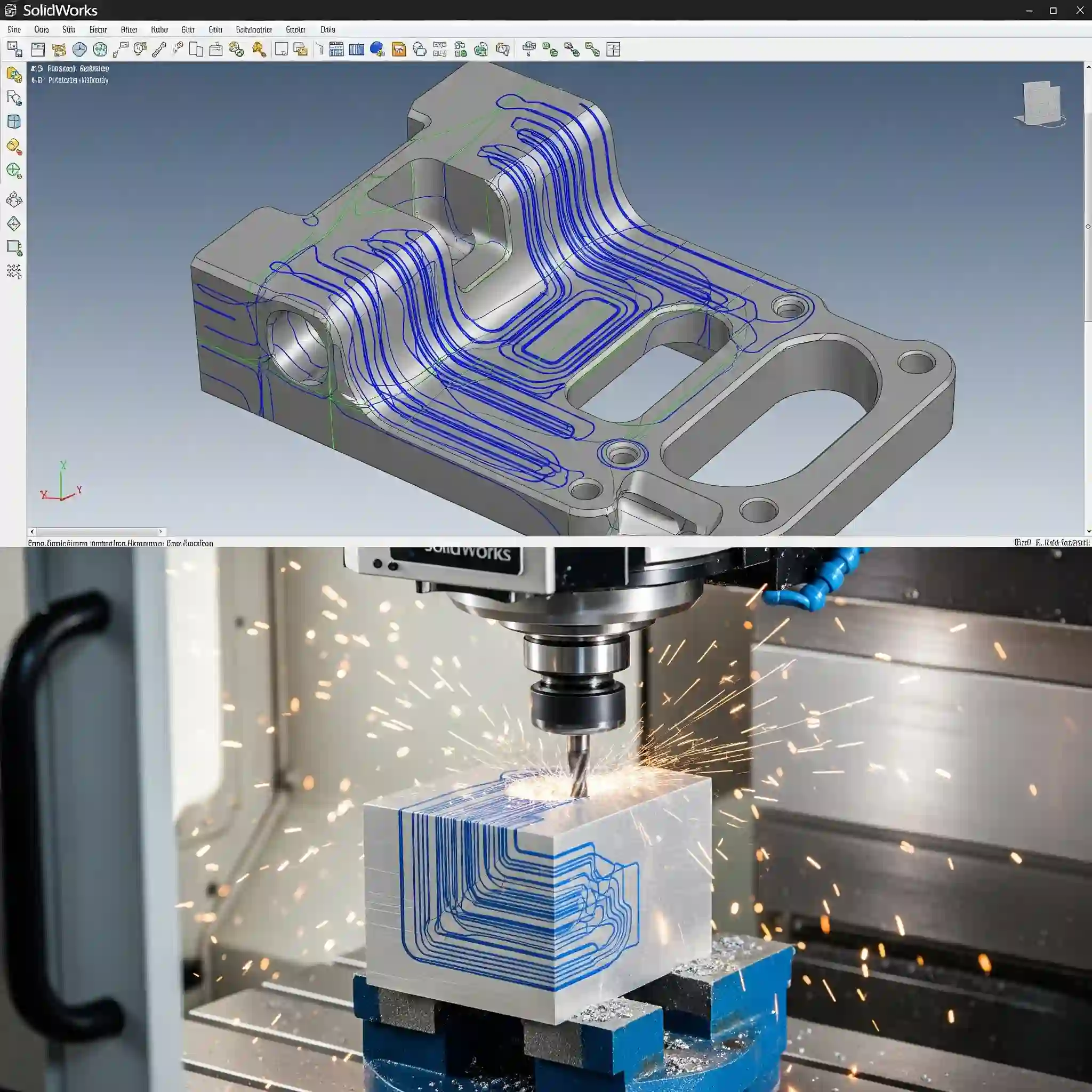 مسیر ابزار ماشینکاری یک قطعه که در SolidWorks CAM تعریف شده است.