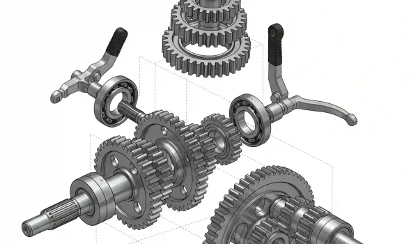نمای انفجاری (Exploded View) یک گیربکس موتورسیکلت با تمام قطعات طراحی شده در سالیدورک.