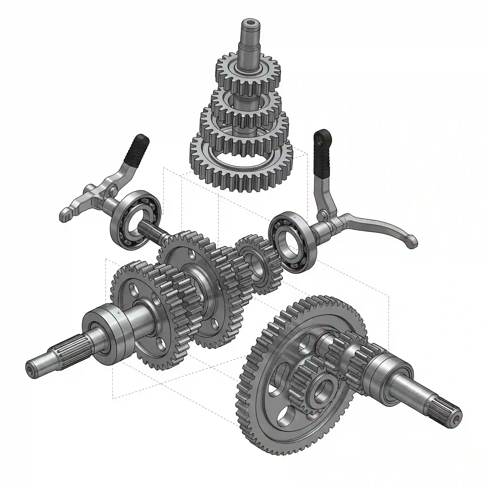 نمای انفجاری (Exploded View) یک گیربکس موتورسیکلت با تمام قطعات طراحی شده در سالیدورک.