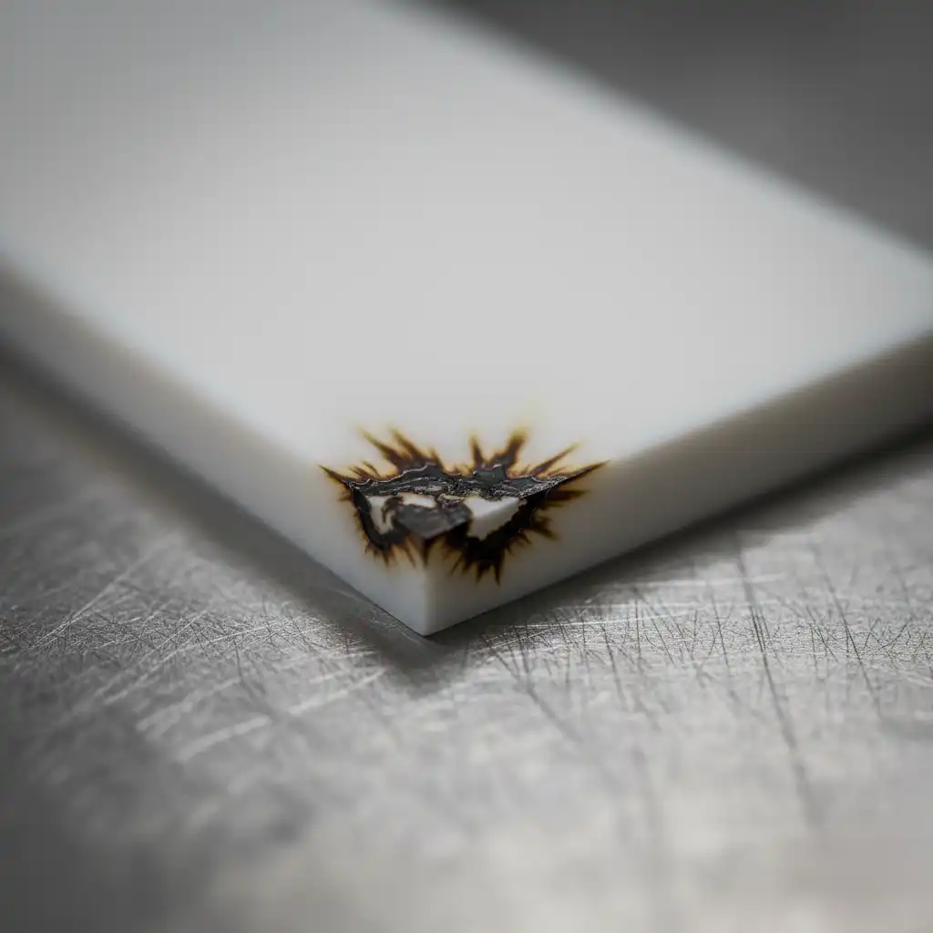 عیب اثر سوختگی (Burn Marks) روی یک قطعه پلاستیکی سفید.