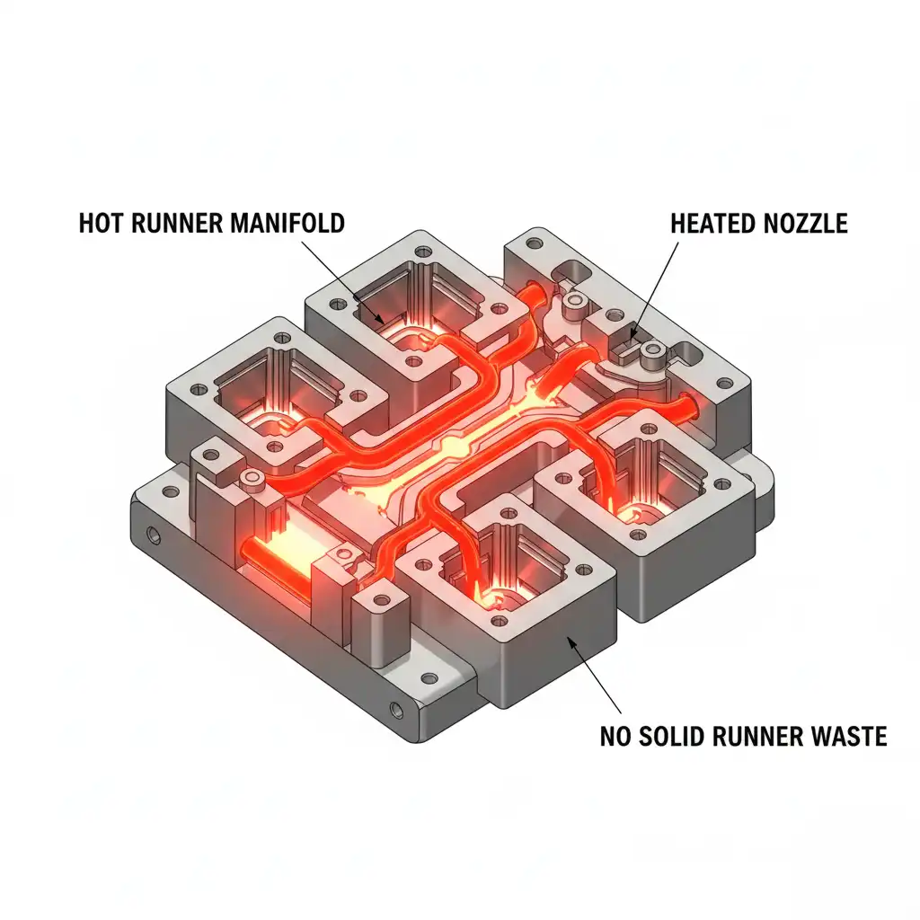 دیاگرام سه بعدی از سیستم راهگاه گرم (Hot Runner) در یک قالب.